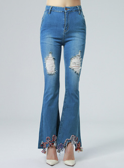 Ethnic Hole Embroidery Flare Jeans
