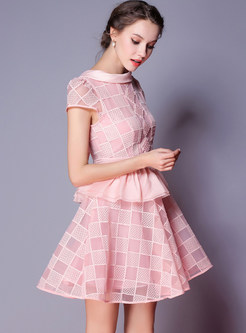Pink Grid Hollow Out A-line Dress