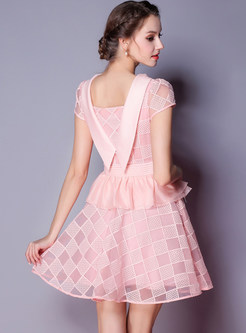Pink Grid Hollow Out A-line Dress