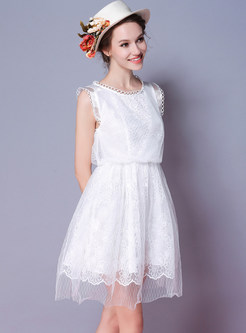 White Sleeveless Embroidered A-line Dress