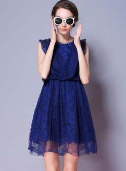 Blue Gathered Waist Embroidered A-line Dress