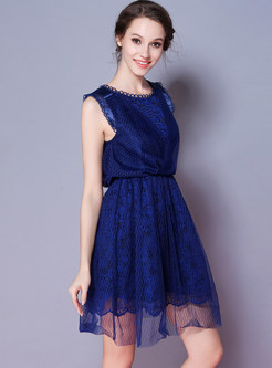 Blue Gathered Waist Embroidered A-line Dress