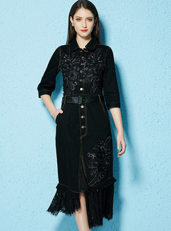 Black Embroidered Denim Mermaid Dress