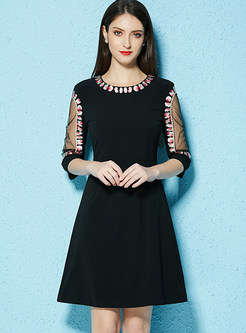 Black Embroidered Three Quarters Sleeve A-line Dress