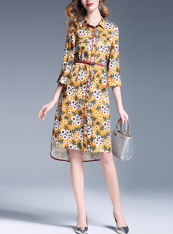 Yellow Floral Print Asymmetric Belted A-line Dress