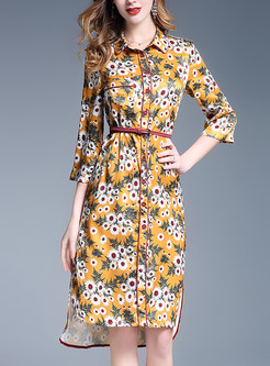 Yellow Floral Print Asymmetric Belted A-line Dress