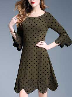 Dot Print Flare Sleeve Asymmetric A-line Dress