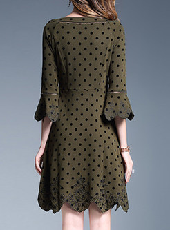Dot Print Flare Sleeve Asymmetric A-line Dress