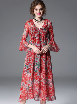 Red Flare Sleeve Stringy Selvedge Chiffon Dress With Underskirt