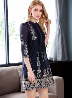 Navy Blue Embroidered Shift Dress