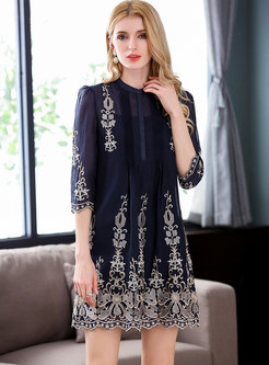 Navy Blue Embroidered Shift Dress