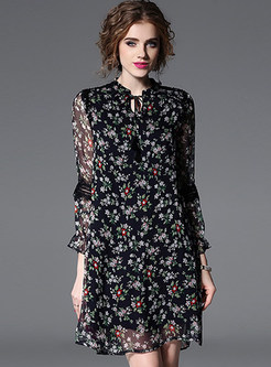 Black Stand Collar Floral Print Shift Dress