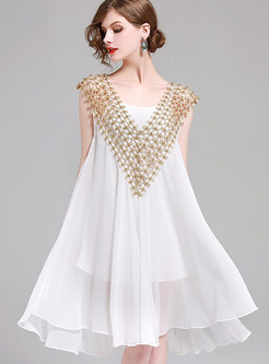 White Splicing Sleeveless Shift Dress With Underskirt