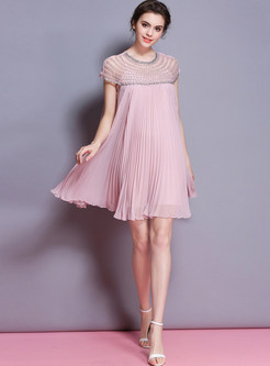 Nail Bead Pleated Dress With Underskirt