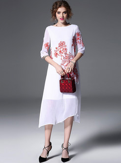 Ethnic Embroidered Asymmetric Hem Shift Dress