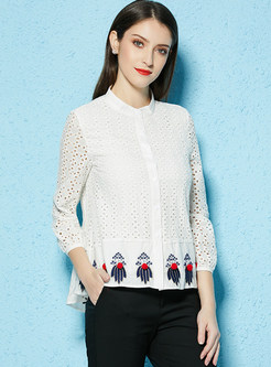 Hollow Out Stand Collar Embroidered Blouse