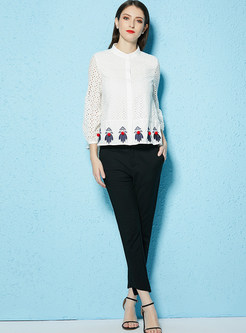 Hollow Out Stand Collar Embroidered Blouse