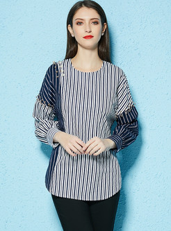 Striped Splicing Color-blocked Cotton Blouse