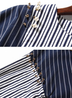 Striped Splicing Color-blocked Cotton Blouse