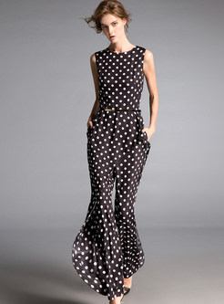 Dot Print Belted Sleeveless Jumpsuits