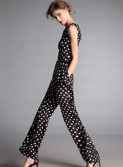 Dot Print Belted Sleeveless Jumpsuits