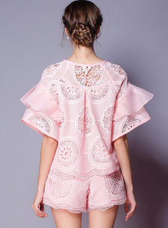 Pink Hollow Out Falbala Two-piece Outfits