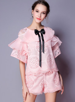 Pink Hollow Out Falbala Two-piece Outfits