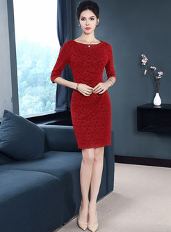 Red Jacquard Gathered Waist Bodycon Dress