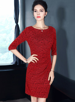 Red Jacquard Gathered Waist Bodycon Dress