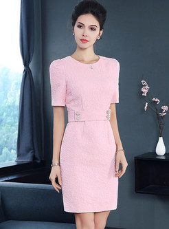 Pink Jacquard Belted Short Sleeve Bodycon Dress
