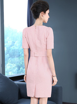 Pink Jacquard Belted Short Sleeve Bodycon Dress