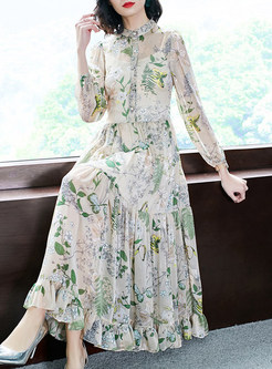 Floral Print Single-breasted Maxi Dress With Underskirt