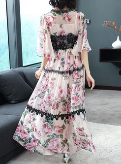 Lace Splicing Flare Sleeve Maxi Dress