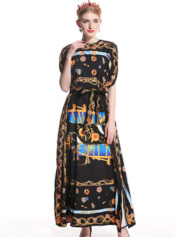 Black Court Print Slit Maxi Dress