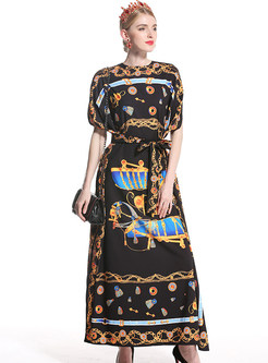 Black Court Print Slit Maxi Dress