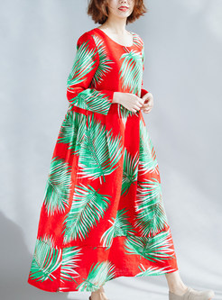 Red Leaf Print Loose Maxi Dress
