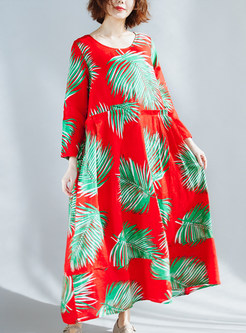 Red Leaf Print Loose Maxi Dress