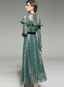 Green Lace Falbala Embroidered Perspective Maxi Dress