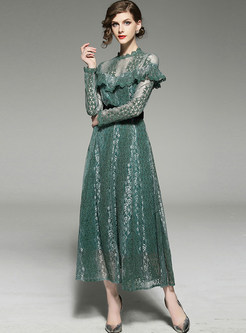 Green Lace Falbala Embroidered Perspective Maxi Dress