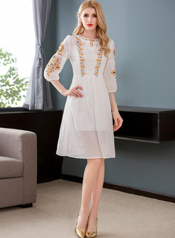 White Embroidered A-line Dress With Underskirt