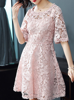 Pink Hollow Out Half Sleeve Lace A-line Dress