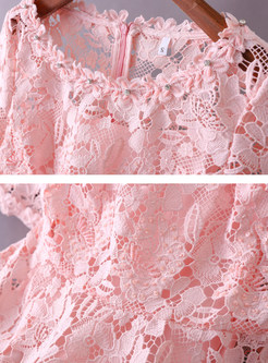 Pink Hollow Out Half Sleeve Lace A-line Dress
