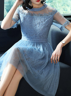 Blue Hollow Out See Through Skater Dress