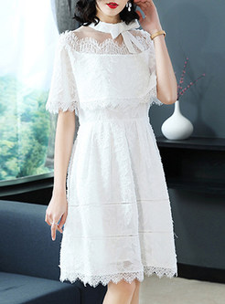 White Bowknot Stand Collar Lace A-line Dress