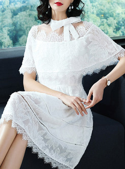 White Bowknot Stand Collar Lace A-line Dress