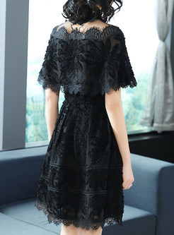 Black Elegant Lace Capesplicing A-line Dress