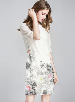 Chiffon Flower Print Splicing A-line Dress