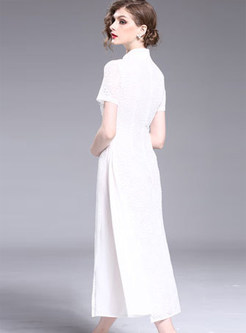 White Ethnic Embroidered Cheongsam Dress