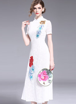 White Ethnic Embroidered Cheongsam Dress