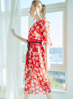 Ethnic Floral Print Silk Belted Slim A-line Dress